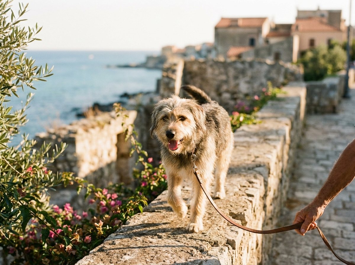 Cane a passeggio al guinzaglio sul lungomare di Barletta